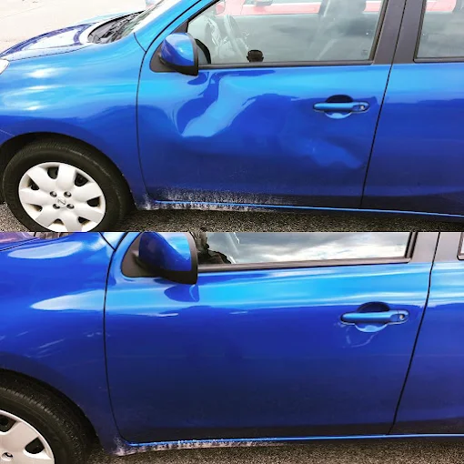 Before and after paintless dent repair of roof dents caused by hail in Ontario