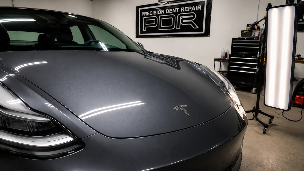 Tesla Model 3 hood — paintless dent repair before and after — after