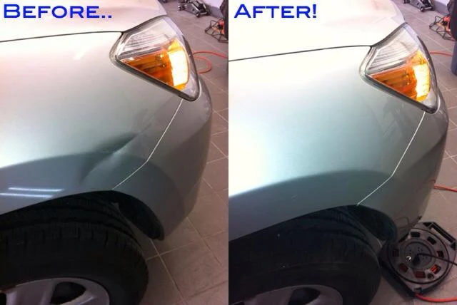 Before and after paintless dent repair of a door dent, no filler or repaint, Burlington Ontario