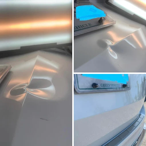 Hail dents before and after paintless dent repair on a vehicle roof in Ontario