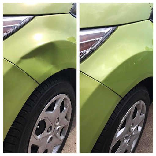 Deep crease dent removed with paintless dent repair, before and after comparison
