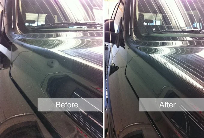 Fender dent removed without sanding, filler or respray, before and after