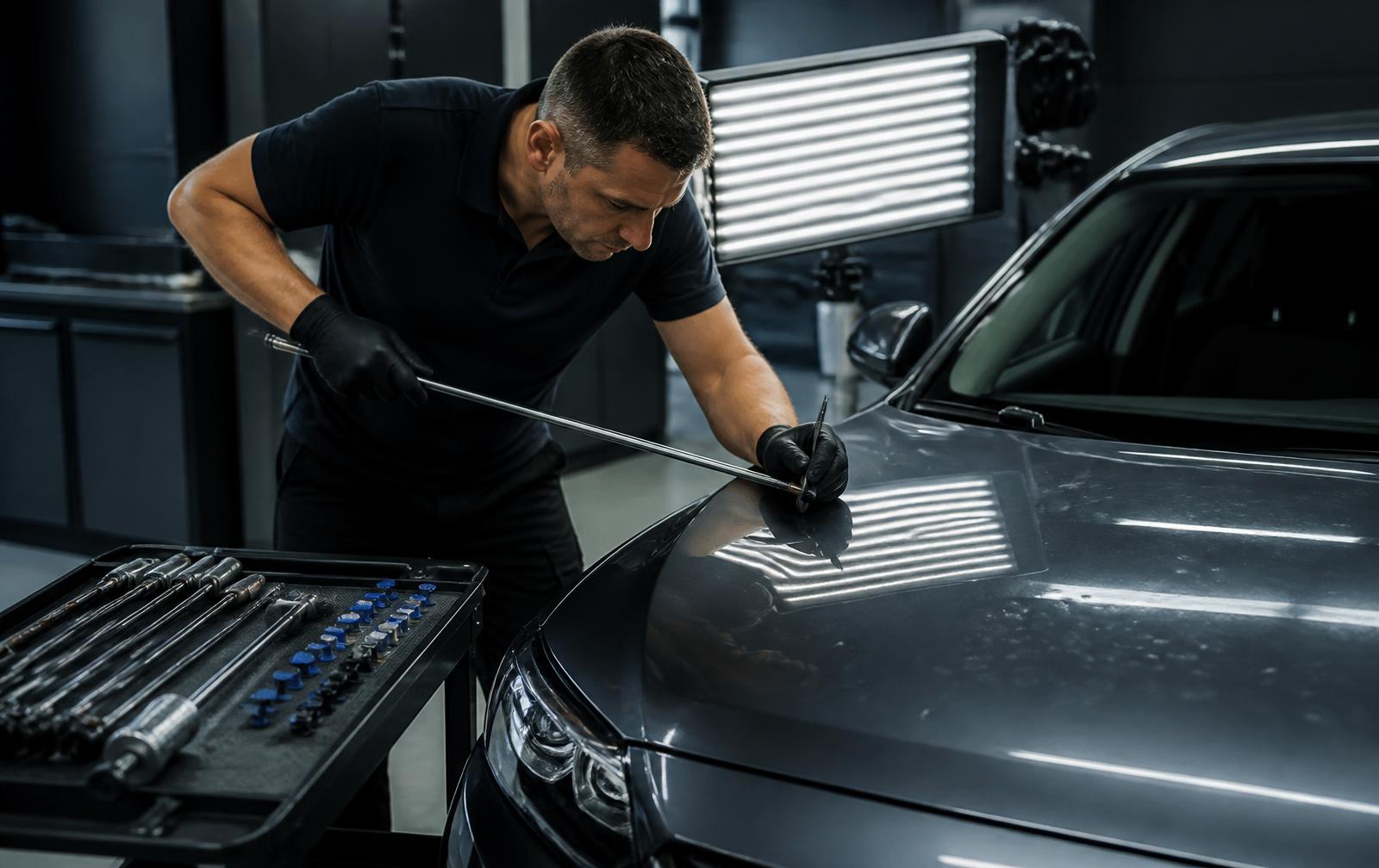 Paintless dent repair technician removing hail dents from a car hood with a stainless PDR rod and tap-down tool under a striped LED reading board